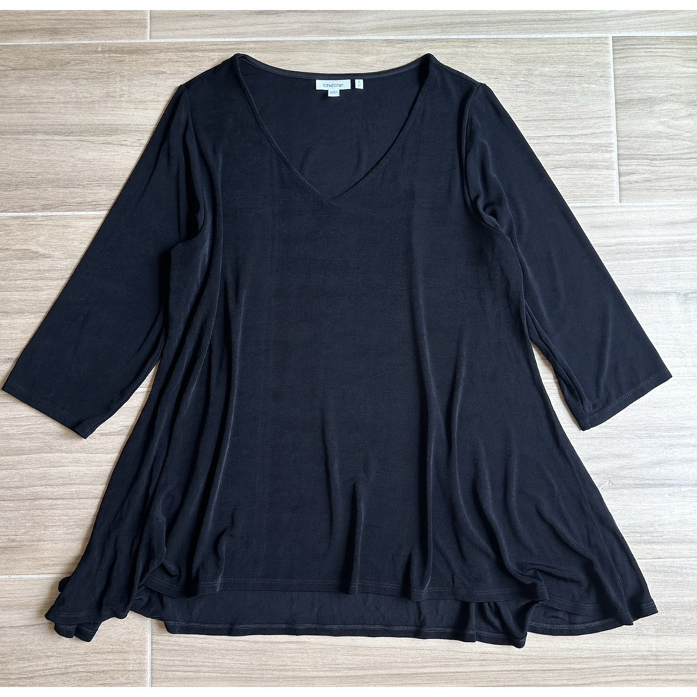 Chicos Size 3 / XL Black Slinky Stretch V Neck Long Sleeve Top Womens Shirt